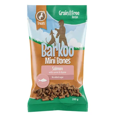 Barkoo Mini Bones, Grain Free Recipe, losos s mrkví a tymiánem, bez přidaného cukru, 200g. Psí pamlsky ve tvaru kosti.