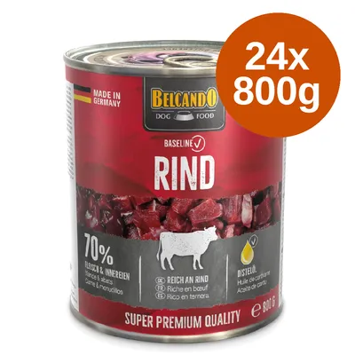Belcando Dog Food wołowina, wyprodukowana w Niemczech, 70% mięsa i podrobów, bogata w wołowinę, z olejem z ostu. Wielkość opakowania: 24x800g, super premium jakość.