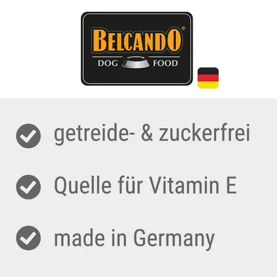 Belcando Dog Food. Fără cereale și zahăr, sursă de vitamina E, produs în Germania.