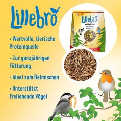 Lillebro Mehlwürmer, wertvolle tierische Proteinquelle, zur ganzjährigen Fütterung, ideal zum Beimischen, unterstützt freilebende Vögel.