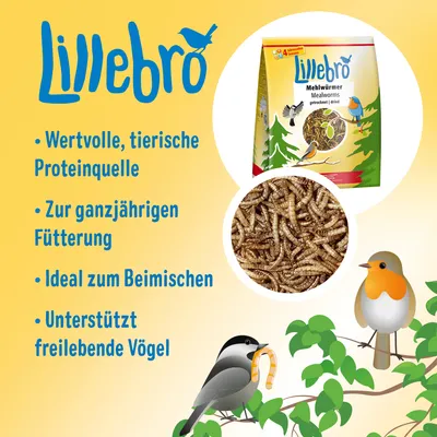 Lillebro Mehlwürmer, wertvolle tierische Proteinquelle, zur ganzjährigen Fütterung, ideal zum Beimischen, unterstützt freilebende Vögel.