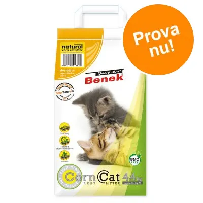 Förpackning Super Benek Corn Cat Litter 4,4 kg med två katter på framsidan, texten 'natural corn cat litter', 'Prova nu!', 'GMO free' och symboler för klumpbildande och naturlig.