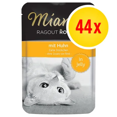 Miamor Ragout mit Huhn In Jelly -kissanruokapakkaus, 44 annospussia. Teksti: Zarte Stückchen, ohne Zusatz von Rind. Keltainen ympyrä, jossa punainen 44x. Miamor Ragout mit Huhn In Jelly -kissanruokapakkaus, 44 annospussia. Teksti: Zarte Stückchen, ohne Zusatz von Rind. Keltainen ympyrä, jossa punainen 44x.