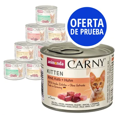 Latas de comida para gatitos Animonda Carny Kitten. Texto visible: 'Rind, Kalb + Huhn', '100% frische Zutaten', 'Ohne Getreide', 'Made in Germany'. Oferta de prueba.