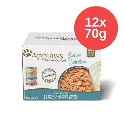 Applaws Natural Cat Food Senior Selection, 12x70g. Na obalu: 2x chicken, 2x tuna fillet with sardine, 2x tuna fillet with salmon, made with natural ingredients.