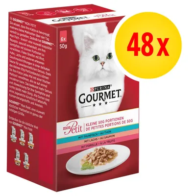 PURINA GOURMET mon Petit kattemad, 6x50g pakke med små portioner. Tekst: Mit Thunfisch, Mit Lachs, Mit Forelle. Stor gul cirkel med rød tekst: 48x.