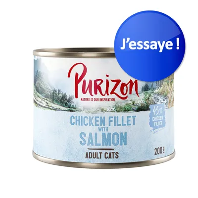 Purizon Chicken Fillet with Salmon pour chats adultes, 45 % chicken fillet, 200 g. Texte sur le badge bleu : J’essaie !