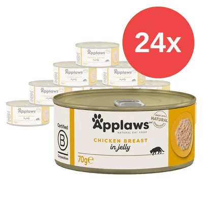 Applaws Chicken Breast in jelly, 24×70g konzervy. Text: Certified B Corporation, Made with natural ingredients.