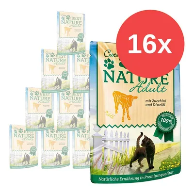 Cats Best Nature Adult, 16x balení. Text: mit Zucchini und Distelöl, Natürliche Ernährung in Premiumqualität, 100% natürliche Zutaten. Cats Best Nature Adult, 16x balení. Text: mit Zucchini und Distelöl, Natürliche Ernährung in Premiumqualität, 100% natürliche Zutaten.
