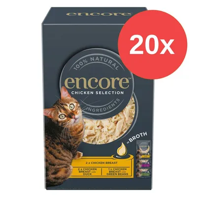Balení encore Chicken Selection, 20× kapsiček pro kočky. Viditelný text: 100% natural ingredients, 2× chicken breast, 2× chicken breast with duck, 1× chicken breast with green beans.