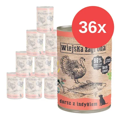 36x konzerv Wiejska Zagroda dorsz z indykiem, 96 % masa a ryb, bez zbož, s mořskými řasami. Text na obalu v polštině.