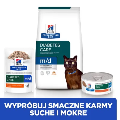 Hill's Prescription Diet Diabetes Care m/d dla kotów: opakowanie suchej karmy, saszetka i puszka. Widoczny napis: WYPRÓBUJ SMACZNE KARMY SUCHE I MOKRE.