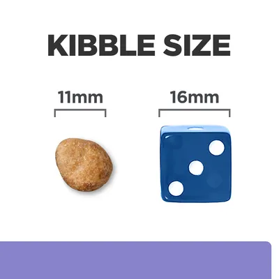 Kibble size comparison showing a piece of kibble measuring 11mm next to a blue die measuring 16mm.