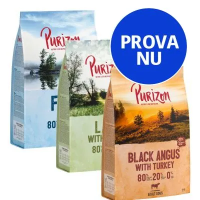 Tre påsar Purizon torrfoder för hund: Fish, Lamb with Chicken och Black Angus with Turkey. Stor blå cirkel med texten PROVA NU.