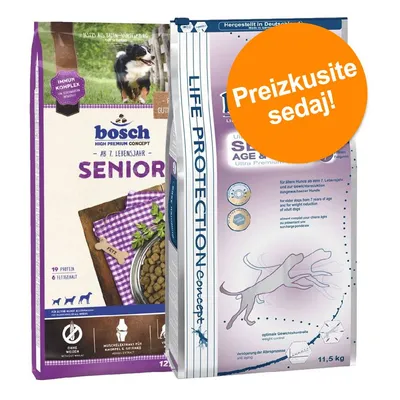 Dve vreči pasje hrane za starejše pse: Bosch Senior in druga z napisom 'Preizkusite sedaj!' na oranžnem krogu. Vidna teža 11,5 kg.