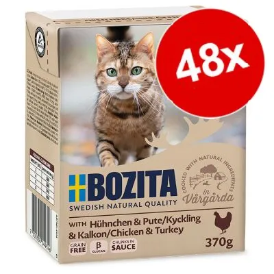 Bozita Kyckling & Kalkon våtfoder för katt, 370 g, 48-pack. Text: grain free, chunks in sauce, beta-glukan. Bild på katt och kycklingsymbol synliga på förpackningen. Bozita Kyckling & Kalkon våtfoder för katt, 370 g, 48-pack. Text: grain free, chunks in sauce, beta-glukan. Bild på katt och kycklingsymbol synliga på förpackningen.