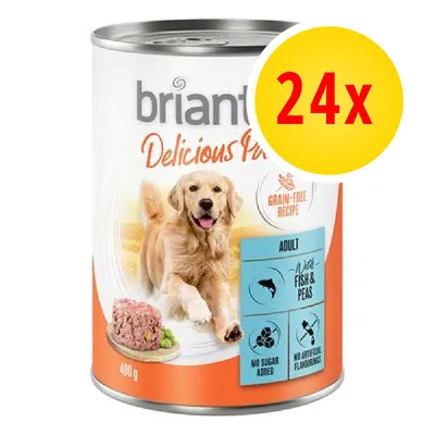 Confezione da 24 lattine Briantos Delicious Paté, ricetta grain-free, adult, fish & peas, no sugar added, no artificial flavourings, 400 g.