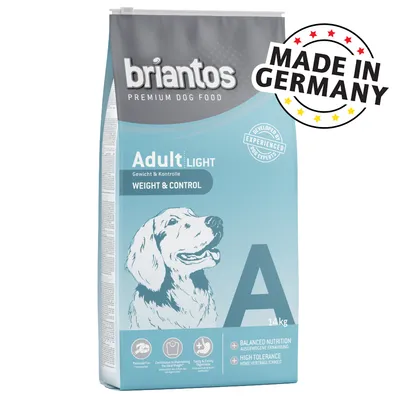 briantos PREMIUM DOG FOOD Adult Light Weight & Control, 14 kg, MADE IN GERMANY, vyobrazení psa, piktogramy: reduced fat, balanced nutrition, high tolerance, tasty & easily digestible