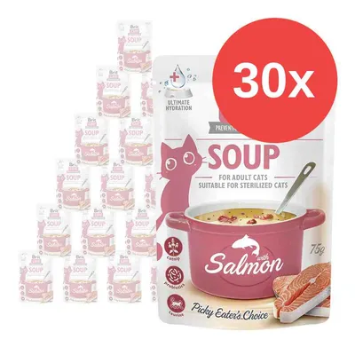 Brit Care Soup with Salmon per gatti adulti sterilizzati, confezione da 30x75g. Testo visibile: Ultimate Hydration, Catnip, Probiotics, Taurine, Picky Eater's Choice. Brit Care Soup with Salmon per gatti adulti sterilizzati, confezione da 30x75g. Testo visibile: Ultimate Hydration, Catnip, Probiotics, Taurine, Picky Eater's Choice.