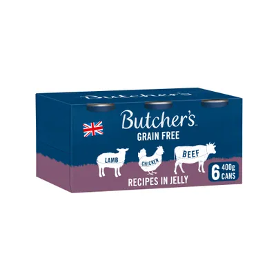 Butcher's Grain Free Recipes in Jelly with Lamb, Chicken and Beef. 6 cans of 400 g each.