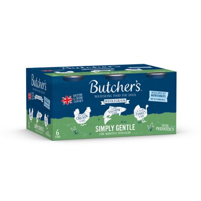 Butcher's Nourishing Food for Dogs Wholegrain, Simply Gentle for sensitive stomachs, with prebiotics, 2x chicken & rice, 2x salmon & rice, 2x turkey & rice, 6 cans.