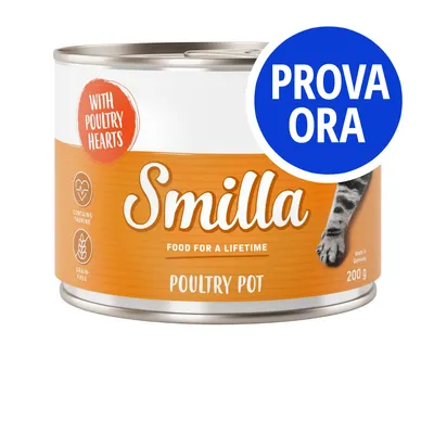 Smilla Poultry Pot 200 g, con cuori di pollame, contiene taurina, senza cereali. Testo promozionale: PROVA ORA.