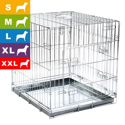 Cage pour chien en métal avec plateau amovible, disponible en tailles S, M, L, XL et XXL indiquées par des pictogrammes de chiens sur fond coloré.