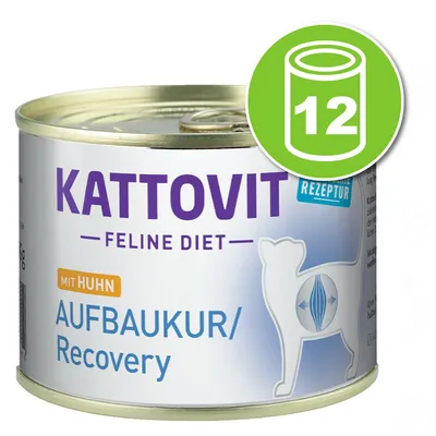Kattovit Feline Diet Aufbaukur/Recovery mit Huhn, boîte visible, lot de 12 indiqué par un pictogramme vert avec le chiffre 12. Texte en allemand et anglais sur l’étiquette. Kattovit Feline Diet Aufbaukur/Recovery mit Huhn, boîte visible, lot de 12 indiqué par un pictogramme vert avec le chiffre 12. Texte en allemand et anglais sur l’étiquette.