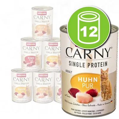 Lot de 12 boîtes Animonda Carny Single Protein Adult pour chat, variétés visibles : Huhn Pur, Pute Pur, Rind Pur. Texte visible : 100 % fraîches Zutaten, Ohne Getreide, Made in Germany.