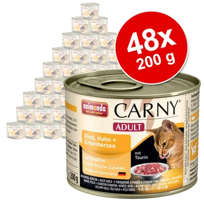 Lot de 48 boîtes Animonda Carny Adult 200 g, Rind, Huhn + Entenherzen, sans céréales, ingrédients frais, Made in Germany, avec taurine. Texte en allemand sur l’étiquette. Lot de 48 boîtes Animonda Carny Adult 200 g, Rind, Huhn + Entenherzen, sans céréales, ingrédients frais, Made in Germany, avec taurine. Texte en allemand sur l’étiquette.