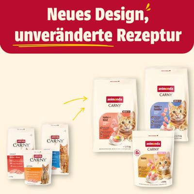 Neues Design, unveränderte Rezeptur. animonda Carny Katzenfutter Verpackungen im alten und neuen Look abgebildet.