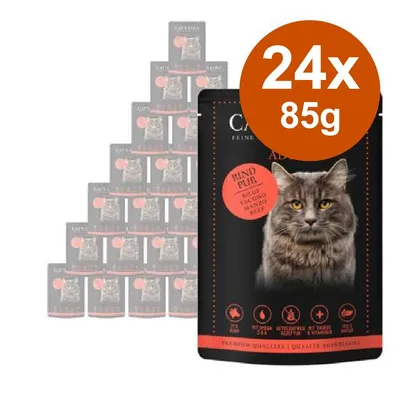 Confezione da 24 buste Catessy Rind Pur per gatti, 85 g ciascuna. Immagine della confezione con foto di un gatto e testo visibile: RIND PUR, BEEF, MANZO, BOEUF, BUEY.