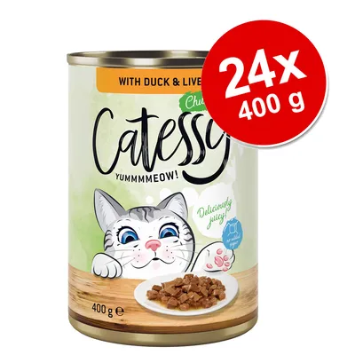 Konzerva Catessy s kachnou a játry, 400 g. Text: Yummmmeow!, Deliciously juicy!, no added sugar. Červený kruh: 24×400 g.