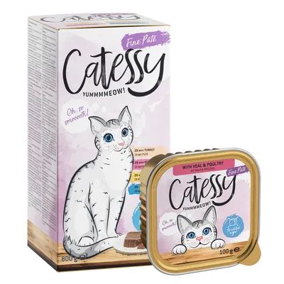 Catessy Fine Paté, 800g box a 100g miska. Druhy: telecí a drůbeží, krůta, hovězí. Bez přidaného cukru. Ilustrace kočky na obalu.
