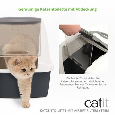 Geschlossene Katzentoilette mit weissem Deckel, grauer Basis und transparenter Schwingtür. Oben integrierter Griff und runde Öffnung für Filtereinsatz sichtbar.