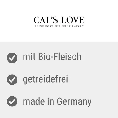 Cat's Love. Feine Kost für feine Katzen. Mit Bio-Fleisch, getreidefrei, made in Germany.
