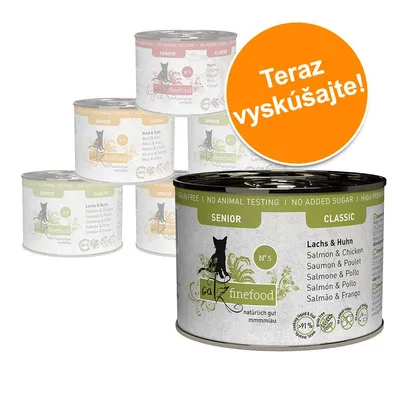 Konzervy pre mačky catz finefood Senior Classic, rôzne príchute vrátane lososa a kurčaťa. Viditeľný nápis: Teraz vyskúšajte!