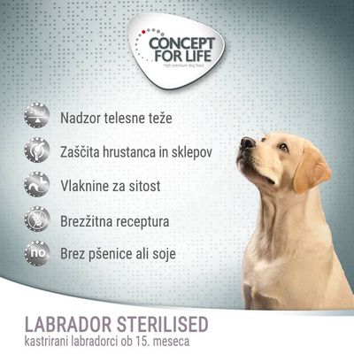 CONCEPT FOR LIFE Labrador Sterilised; nadzor telesne teže, zaščita hrustanca in sklepov, vlaknine za sitost, brezzitna receptura, brez pšenice ali soje. Kastrirani labradorci ob 15. mesecu.