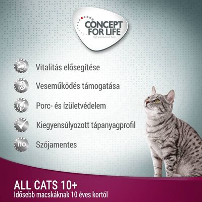 CONCEPT FOR LIFE. Vitalitás elősegítése, veseműködés támogatása, porc- és ízületvédelem, kiegyensúlyozott tápanyagprofil, szójamentes. ALL CATS 10+, idősebb macskáknak 10 éves kortól.