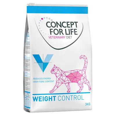 Concept for Life Veterinary Diet Weight Control, 3 kg. Minskad energi, högt fiberinnehåll. Förpackning med geometrisk kattbild och blå V-logotyp.