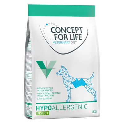 Concept for Life Veterinary Diet Hypoallergenic Insect 1 kg, mentions reduced food intolerances, hypoallergenic insect protein, skin support. Texte en anglais sur l’emballage.