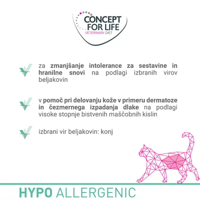 CONCEPT FOR LIFE VETERINARY DIET, za zmanjšanje intolerance za sestavine in hranilne snovi, pomoč pri delovanju kože, izbrani vir beljakovin: konj, HYPO ALLERGENIC
