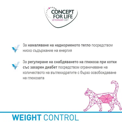 Concept for Life Veterinary Diet. За намаляване на наднорменото тегло чрез ниско съдържание на енергия. За регулиране на глюкозата при котки със захарен диабет.