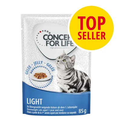 CONCEPT FOR LIFE LIGHT våtfoder för katt, 85 g. Text: GELEE JELLY GELEE. Stor gul cirkel med röd text: TOP SELLER.