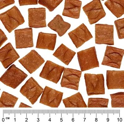 Morceaux carrés de friandises brunes pour animaux, disposés sur fond blanc avec règle en centimètres indiquant une taille d’environ 2 cm par morceau.