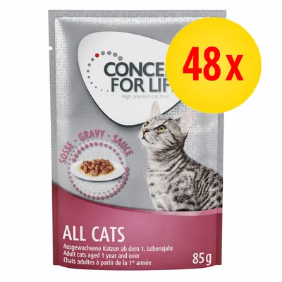CONCEPT FOR LIFE All Cats vådfoder i sauce til voksne katte, 48 x 85 g. Tekst: SOßE GRAVY SAUCE, Adult cats aged 1 year and over.