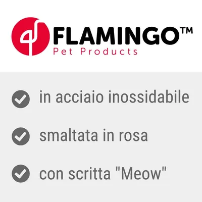 FLAMINGO Pet Products. in acciaio inossidabile, smaltata in rosa, con scritta "Meow"