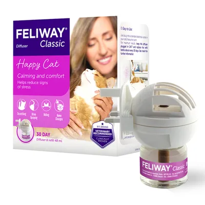 Feliway Classic diffuser and refill 48ml, packaging states calming and comfort, helps reduce signs of stress such as scratching, urine spraying, hiding, home changes. Lasts 30 days.