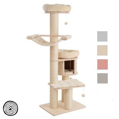 Arbre à chat à plusieurs niveaux, hamac, niche et surfaces de repos rembourrées. Couleurs : gris, beige, rose, marron.