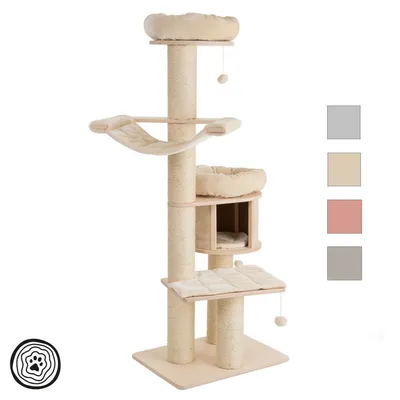 Kratzbaum mit mehreren Ebenen, Hängematte, Höhle und gepolsterten Liegeflächen. Farben: Grau, Beige, Rosa, Braun.